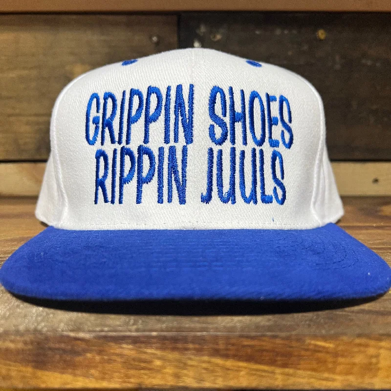 Beanies & headbands for lazy vibes-Grippin Shoes Rippin Juuls White Crown Blue Brim Strapback Hat Cap Custom Embroidery