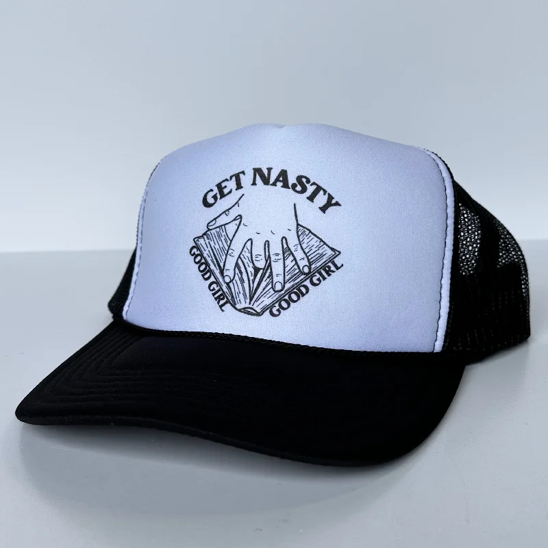 Beanies & headbands for straight styles-GET NASTY GOOD GIRL Inappropriate FUNNY Black Mesh Trucker Hat SnapBack Cap Custom Printed