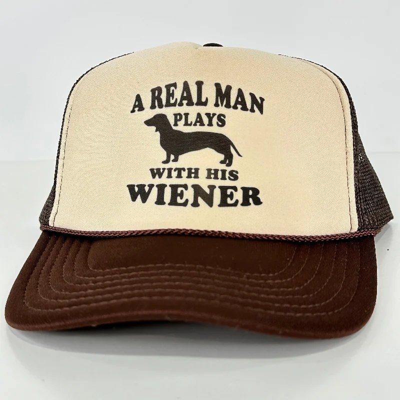 Beanies & headbands for school spirit-A real man plays with his wiener on a brown mesh trucker SnapBack Hat Cap Custom Printed