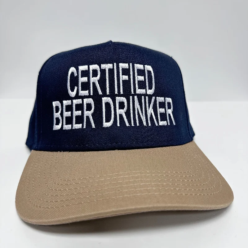 Beanies & headbands for green vibes-Certified Beer Drinker Navy Blue Crown Tan Brim SnapBack Funny Cap Hat Custom Embroidered