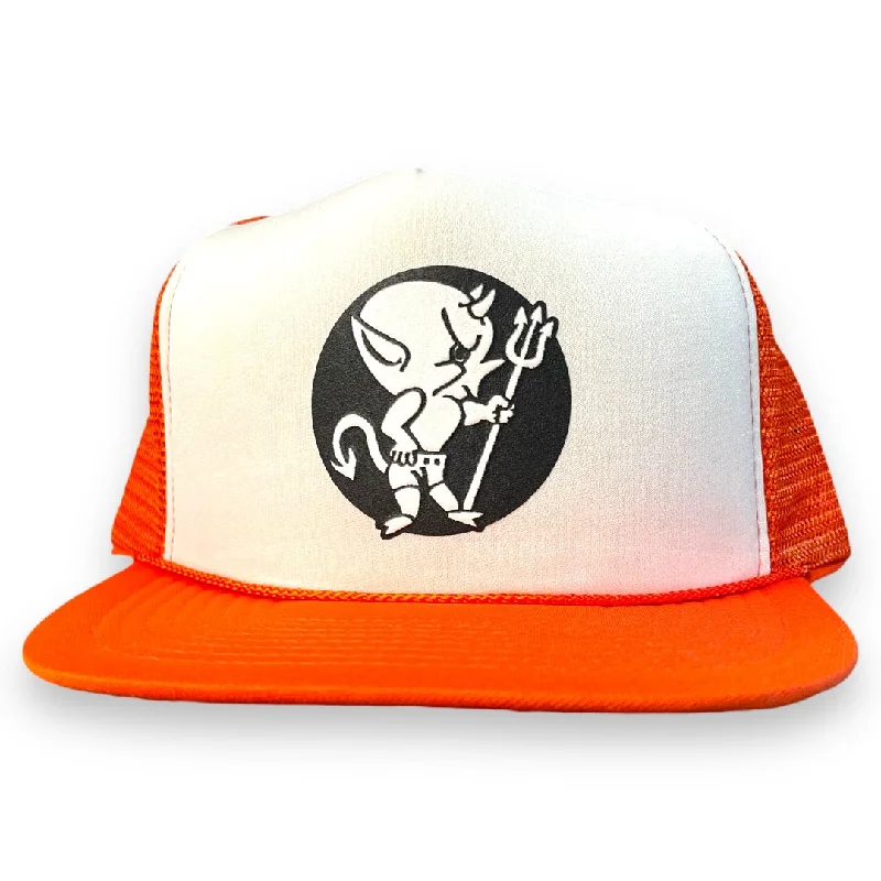 Beanies & headbands for hobbyists-Custom Halloween Devil Boy Vintage White Orange Mesh Trucker Snapback Cap Hat print