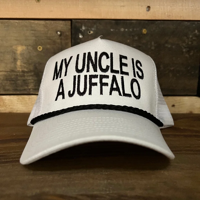 Beanies & headbands for theme nights-My Uncle Is A Juffalo Vintage White Mesh SnapBack Hat Cap with black rope Custom Embroidery