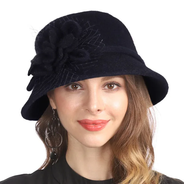 Wool hats for prizes-Women Vintage Elegant Wool Felt Cloche Bucket Hat Floral Winter Cap