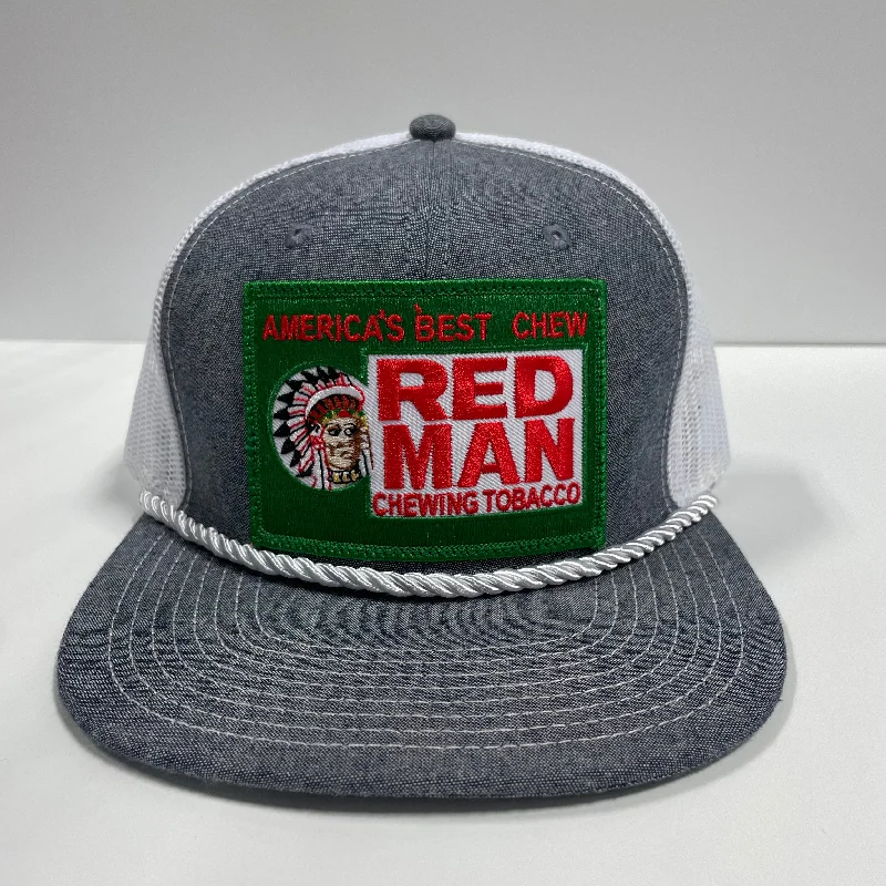 Beanies & headbands for freebies-Custom Red Man Americas Best Chew patch Vintage White Mesh and Gray SnapBack Hat Cap with Rope