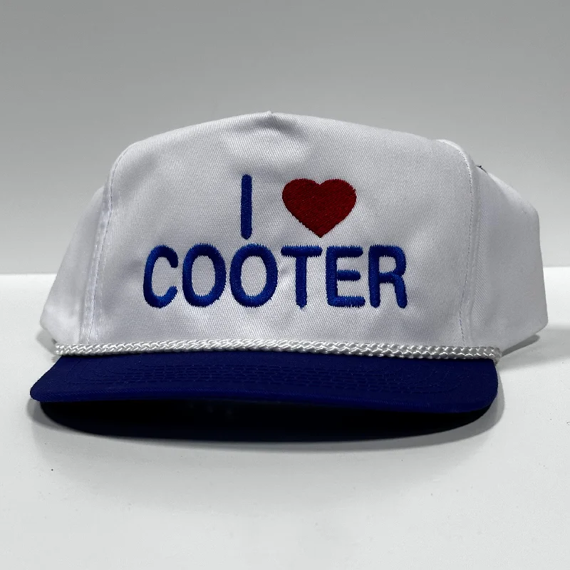 Beanies & headbands for slim bands-I love Cooter on Vintage Blue Brim with Rope Snapback Hat Cap Custom Embroidery Collab Rowdy Roger