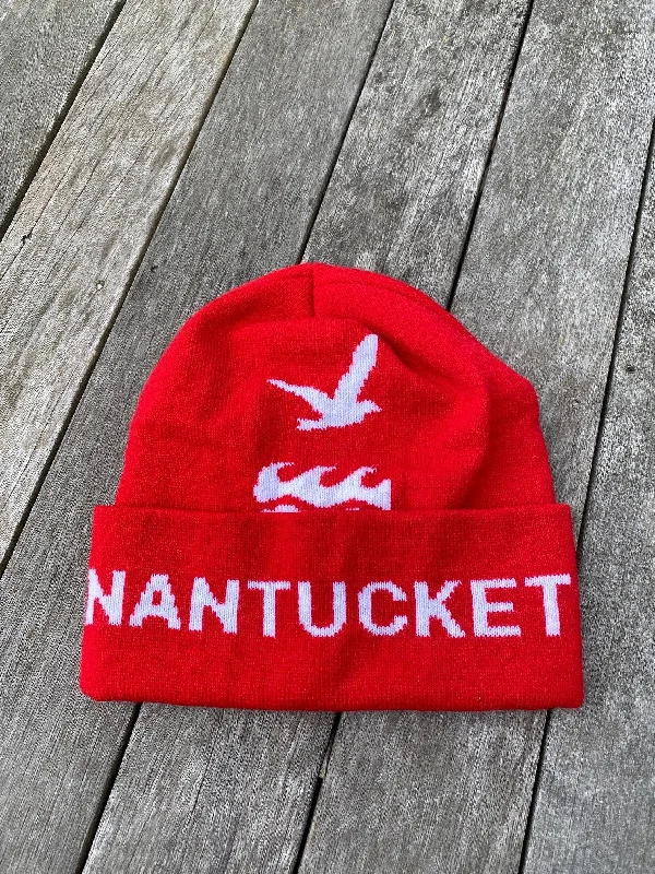 Beanies & headbands for culture wear-Winter Hat in Red with Nantucket on brim and large logo