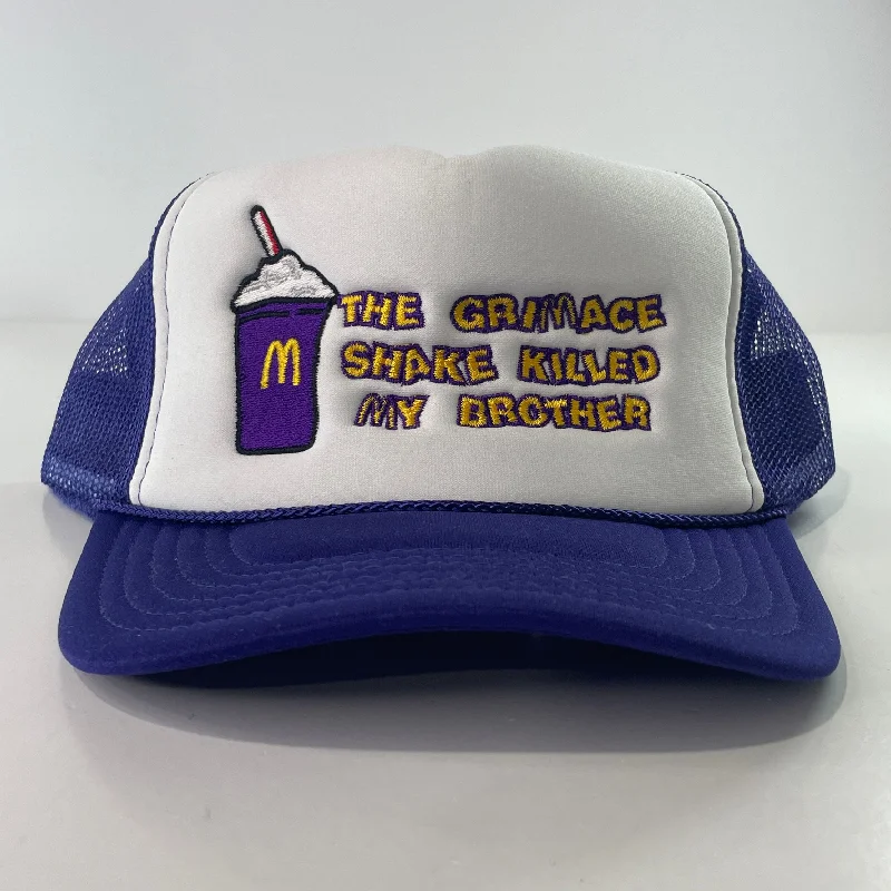 Beanies & headbands for loud lives-THE GRIMACE SHAKE KILLED MY BROTHER Purple Mesh Trucker SnapBack Cap Inappropriate Trucker Funny Hat Custom Embroidered Collab Potent Frog