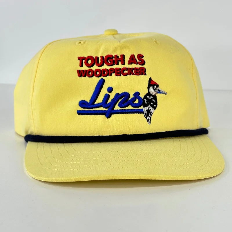 Beanies & headbands for full outfits-Tough as Woodpecker’s Lips Yellow Snapback Rope Hat Cap Collab Justin Stagner Southern Grandpa Custom Embroidered