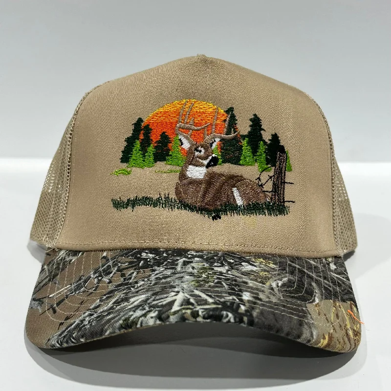 Beanies & headbands for glove sets-Deer Scenery Khaki Mesh CAMO Camouflage Brim SnapBack Trucker Hat Deer Hunting Cap Custom Embroidered