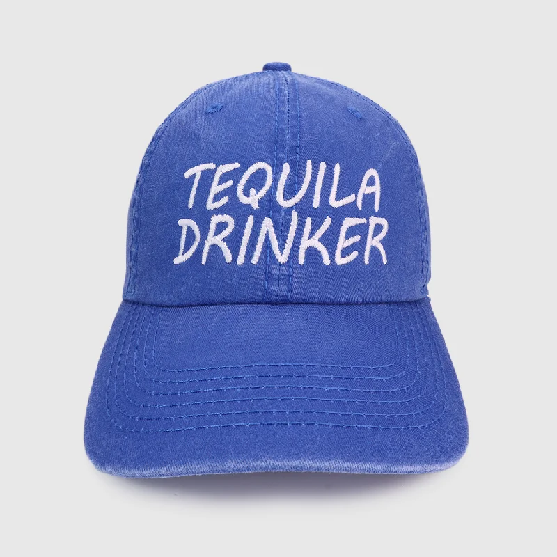 Beanies & headbands for all roots-Tequila Drinker Blue Wash Strap Back Dad Hat Custom Embroidered