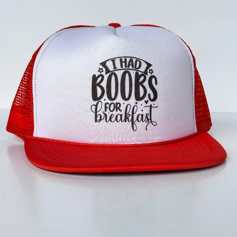 Beanies & headbands for chic style-I HAD BOOBS FOR Breakfast T Funny Vintage Orange Mesh Flat Brim Trucker SnapBack Cap Hat Custom Printed